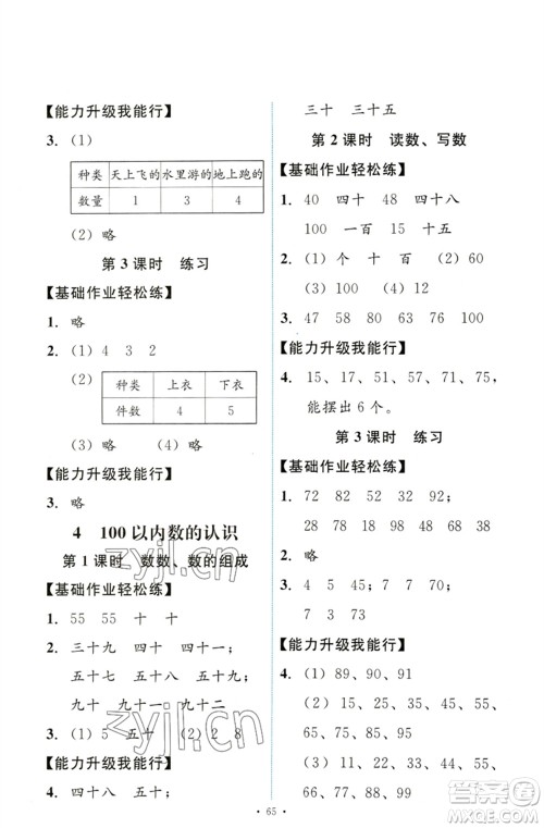 人民教育出版社2023能力培养与测试一年级数学下册人教版参考答案