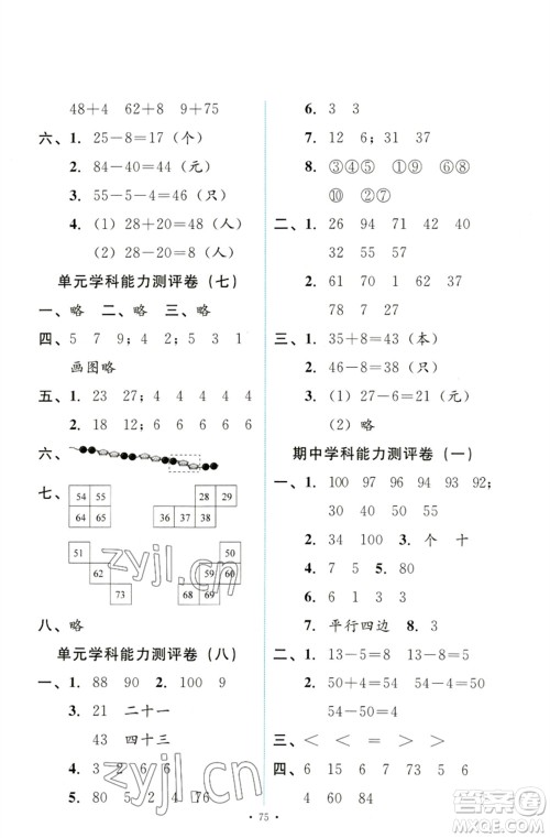 人民教育出版社2023能力培养与测试一年级数学下册人教版参考答案