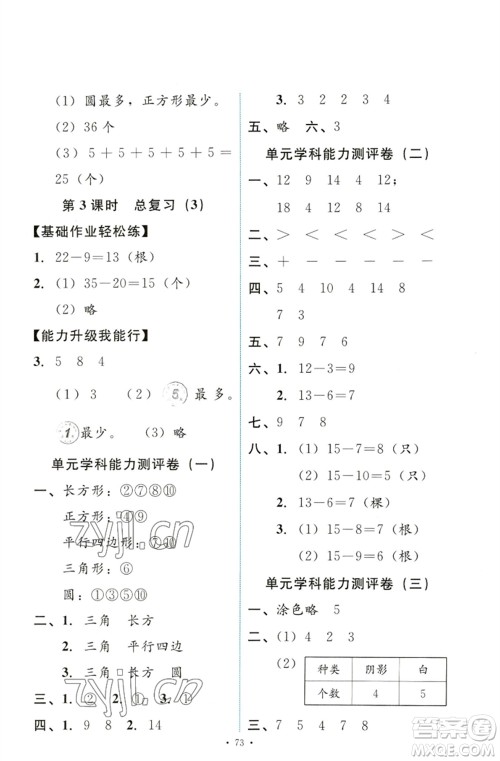 人民教育出版社2023能力培养与测试一年级数学下册人教版参考答案