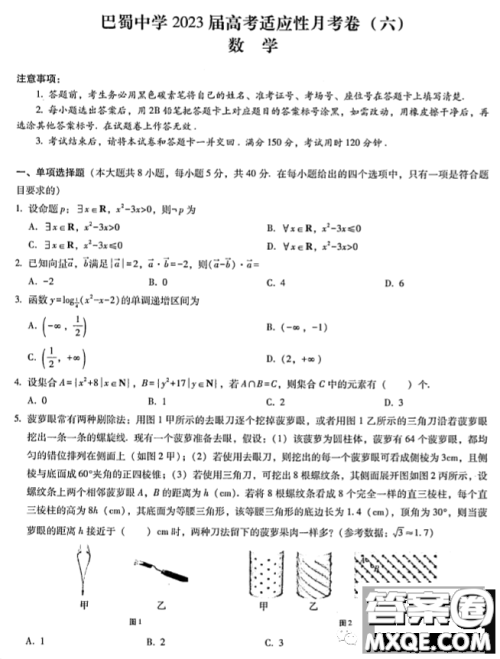 重庆市巴蜀中学月考六2023届高三数学试卷答案