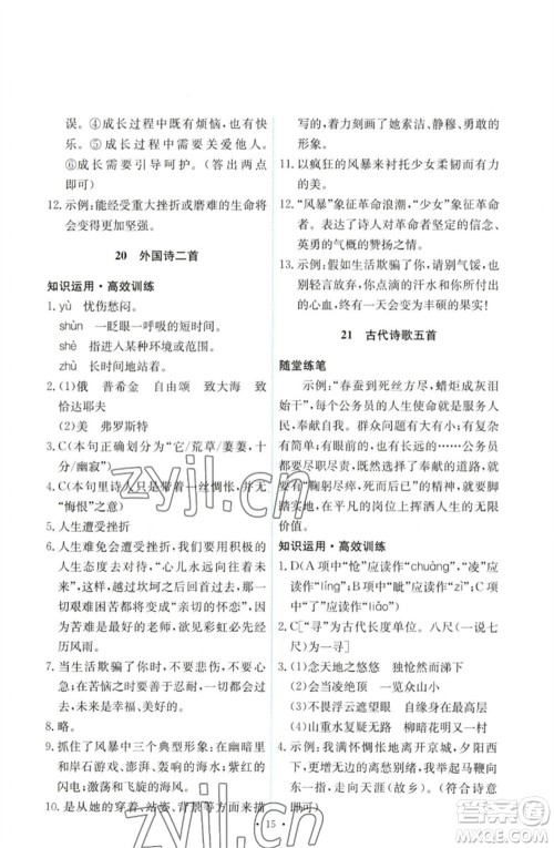 人民教育出版社2023能力培养与测试七年级语文下册人教版参考答案