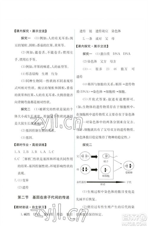 人民教育出版社2023能力培养与测试八年级生物下册人教版参考答案