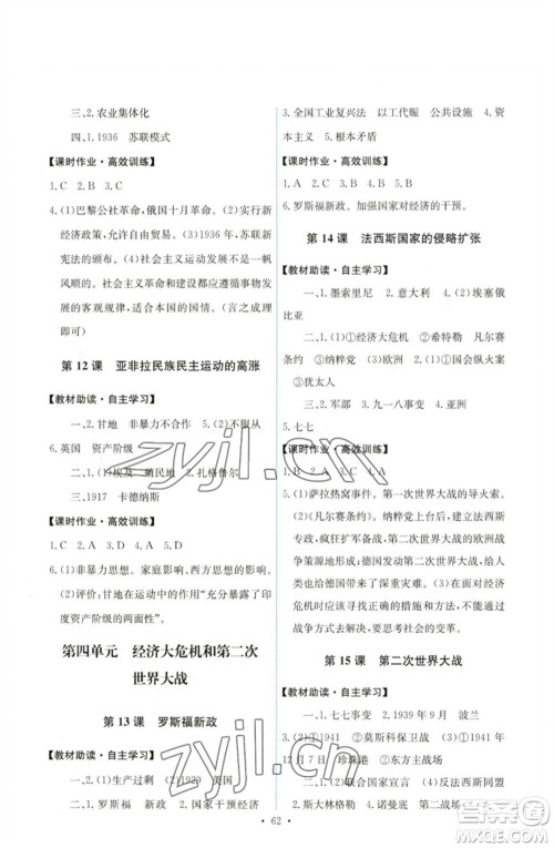 人民教育出版社2023能力培养与测试九年级世界历史下册人教版湖南专版参考答案