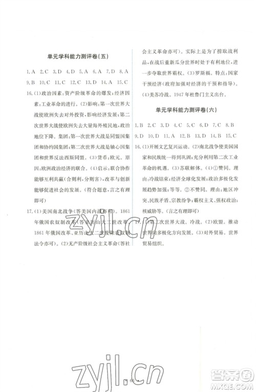 人民教育出版社2023能力培养与测试九年级世界历史下册人教版湖南专版参考答案