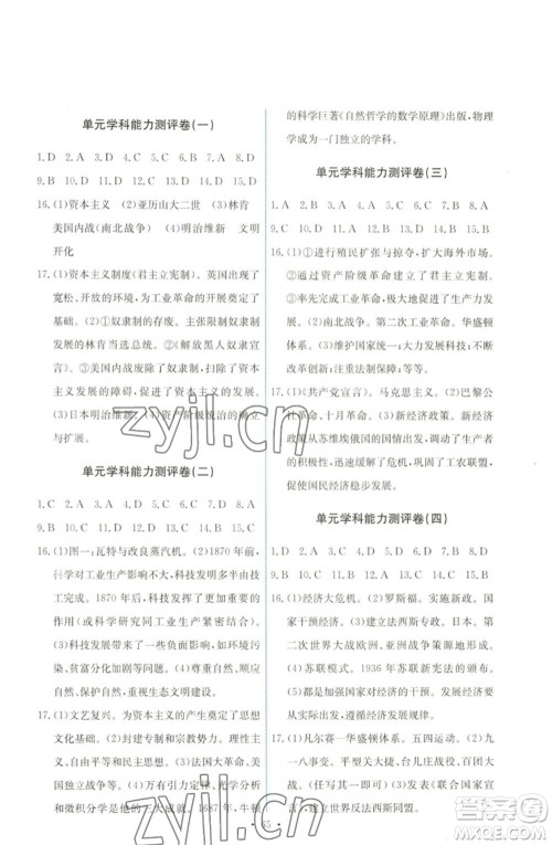 人民教育出版社2023能力培养与测试九年级世界历史下册人教版湖南专版参考答案