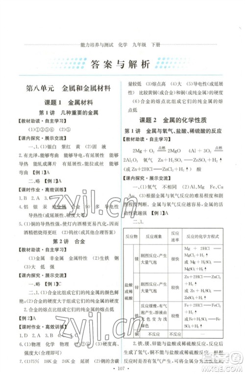 人民教育出版社2023能力培养与测试九年级化学下册人教版湖南专版参考答案