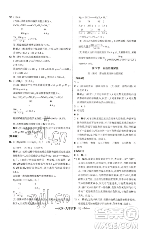 宁夏人民教育出版社2023经纶学典课时作业九年级下册化学沪教版答案