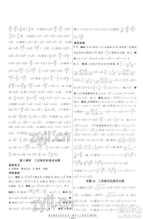 江苏人民出版社2023课时提优计划作业本八年级数学下册苏科版参考答案