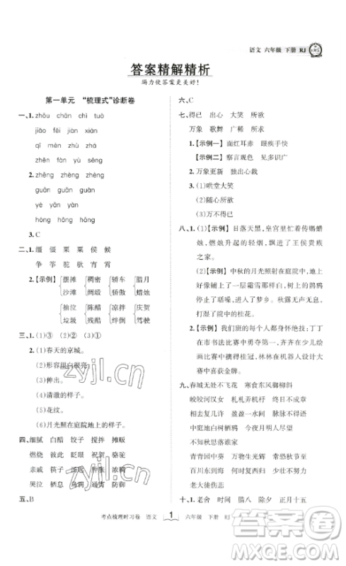 王朝霞考点梳理时习卷六年级下册语文人教版答案
