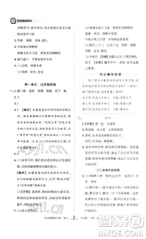 王朝霞考点梳理时习卷六年级下册语文人教版答案