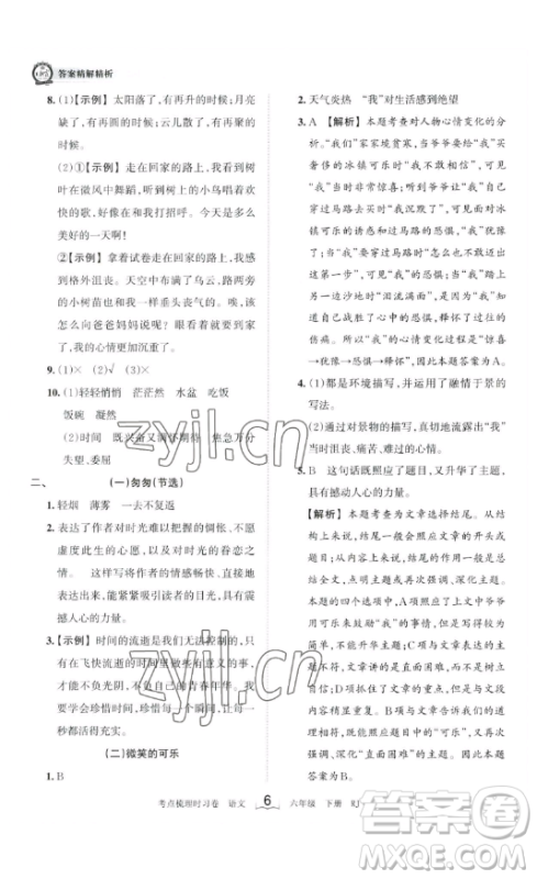 王朝霞考点梳理时习卷六年级下册语文人教版答案