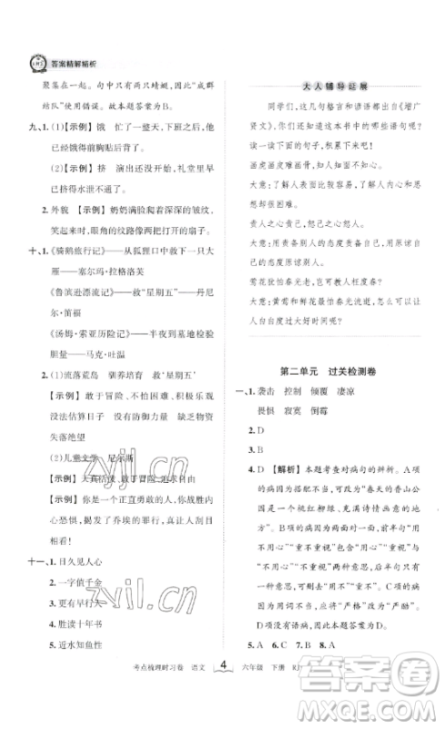 王朝霞考点梳理时习卷六年级下册语文人教版答案