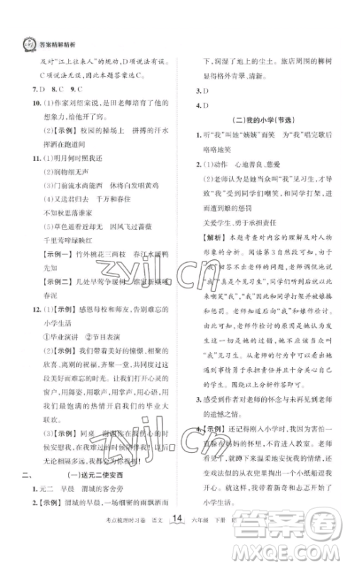 王朝霞考点梳理时习卷六年级下册语文人教版答案