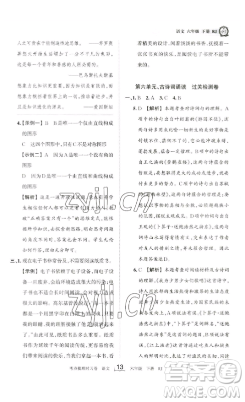王朝霞考点梳理时习卷六年级下册语文人教版答案