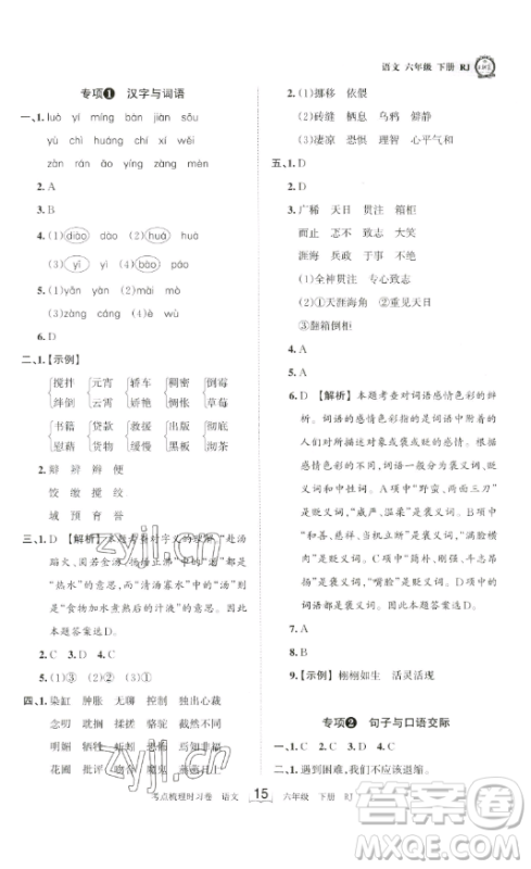 王朝霞考点梳理时习卷六年级下册语文人教版答案