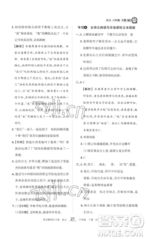 王朝霞考点梳理时习卷六年级下册语文人教版答案