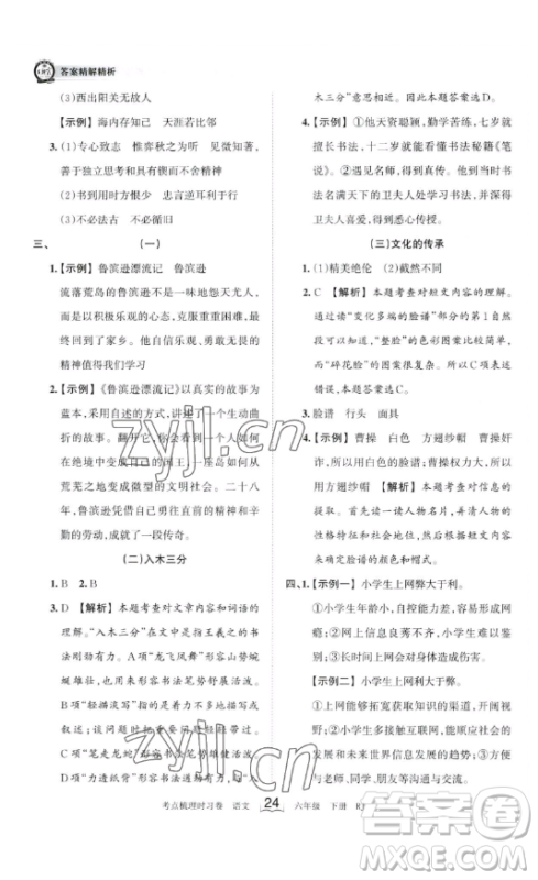 王朝霞考点梳理时习卷六年级下册语文人教版答案