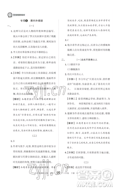 王朝霞考点梳理时习卷六年级下册语文人教版答案