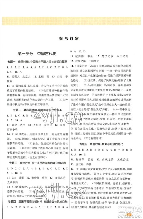 江苏凤凰美术出版社2023课时提优计划作业本九年级历史中考总复习通用版参考答案