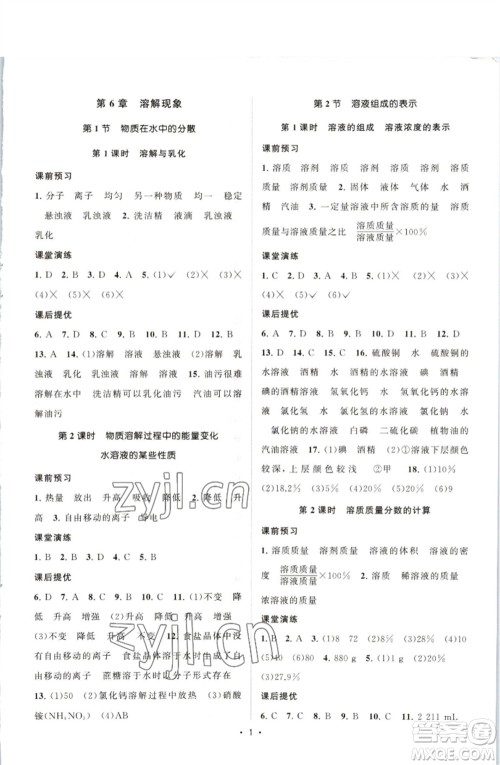 江苏人民出版社2023课时提优计划作业本九年级化学下册沪教版参考答案