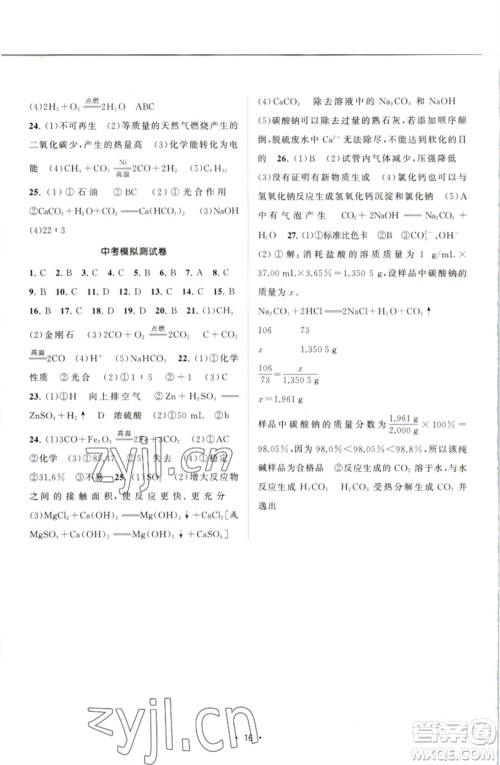 江苏人民出版社2023课时提优计划作业本九年级化学下册沪教版参考答案