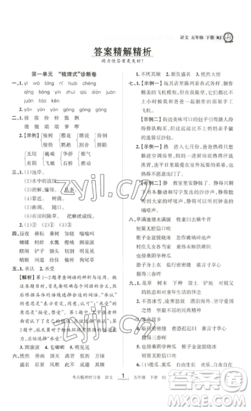 江西人民出版社2023王朝霞考点梳理时习卷五年级下册语文人教版答案
