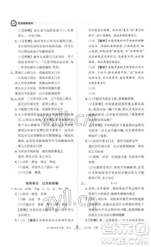 江西人民出版社2023王朝霞考点梳理时习卷五年级下册语文人教版答案