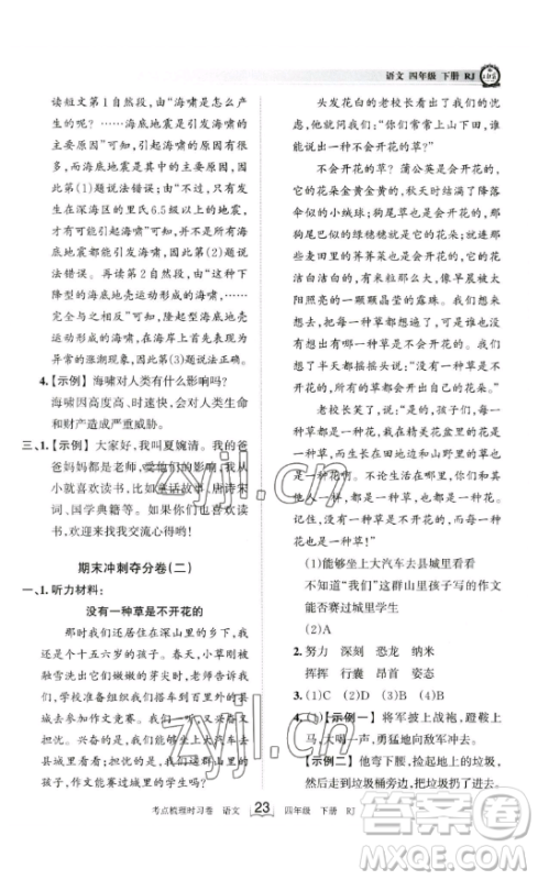 江西人民出版社2023王朝霞考点梳理时习卷四年级下册语文人教版答案