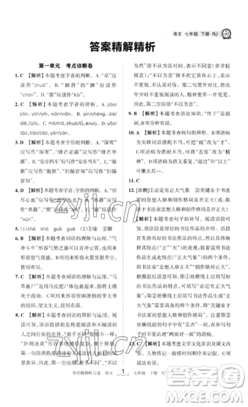 江西人民出版社2023王朝霞考点梳理时习卷七年级下册语文人教版答案