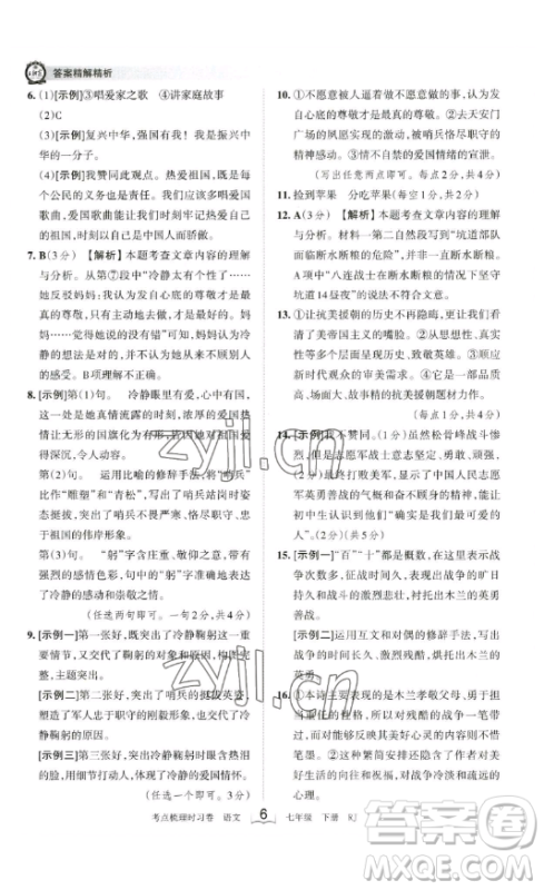 江西人民出版社2023王朝霞考点梳理时习卷七年级下册语文人教版答案