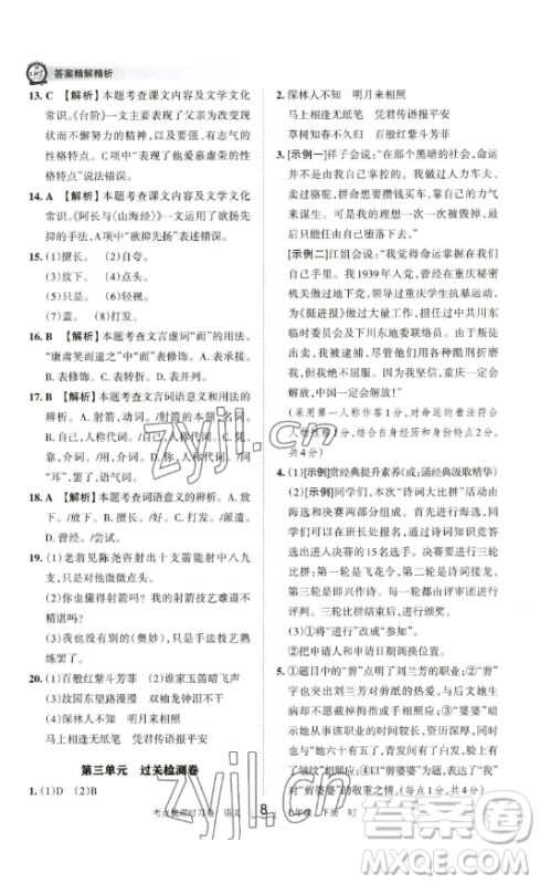 江西人民出版社2023王朝霞考点梳理时习卷七年级下册语文人教版答案