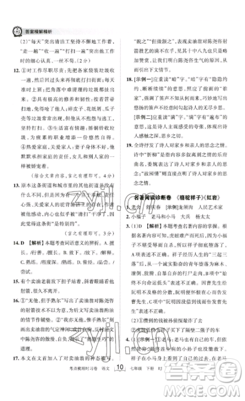 江西人民出版社2023王朝霞考点梳理时习卷七年级下册语文人教版答案