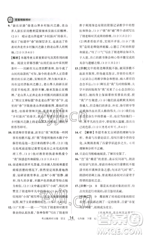 江西人民出版社2023王朝霞考点梳理时习卷七年级下册语文人教版答案