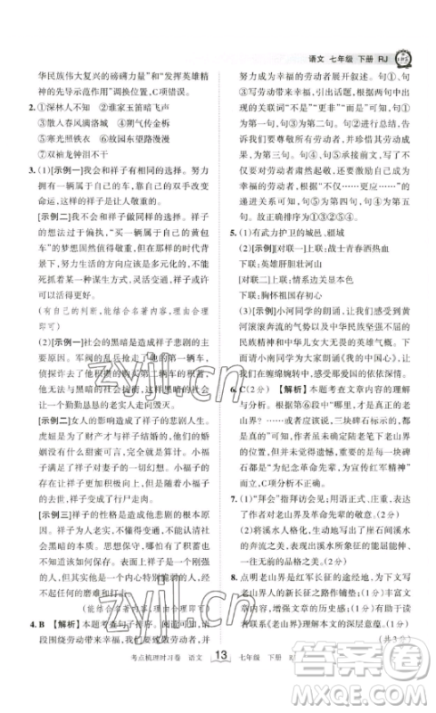 江西人民出版社2023王朝霞考点梳理时习卷七年级下册语文人教版答案