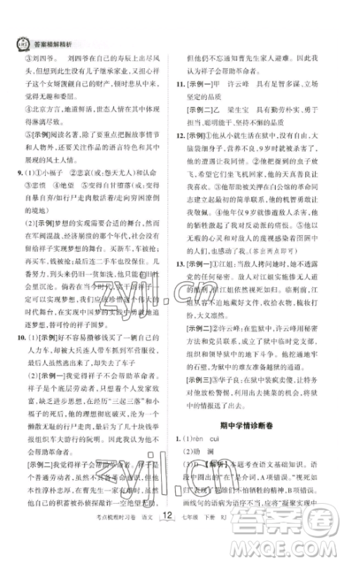 江西人民出版社2023王朝霞考点梳理时习卷七年级下册语文人教版答案