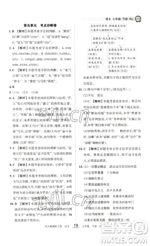 江西人民出版社2023王朝霞考点梳理时习卷七年级下册语文人教版答案