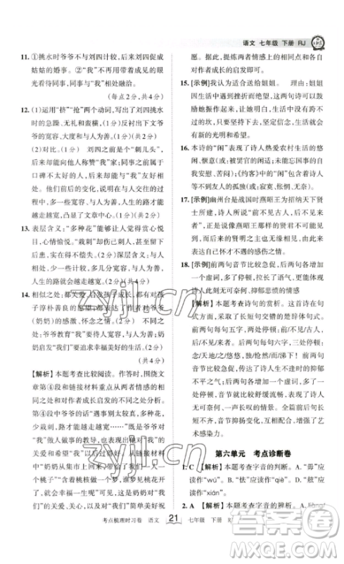 江西人民出版社2023王朝霞考点梳理时习卷七年级下册语文人教版答案