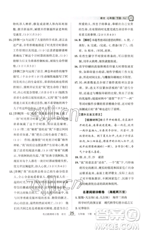 江西人民出版社2023王朝霞考点梳理时习卷七年级下册语文人教版答案