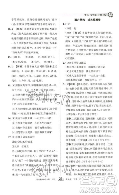 江西人民出版社2023王朝霞考点梳理时习卷七年级下册语文人教版答案