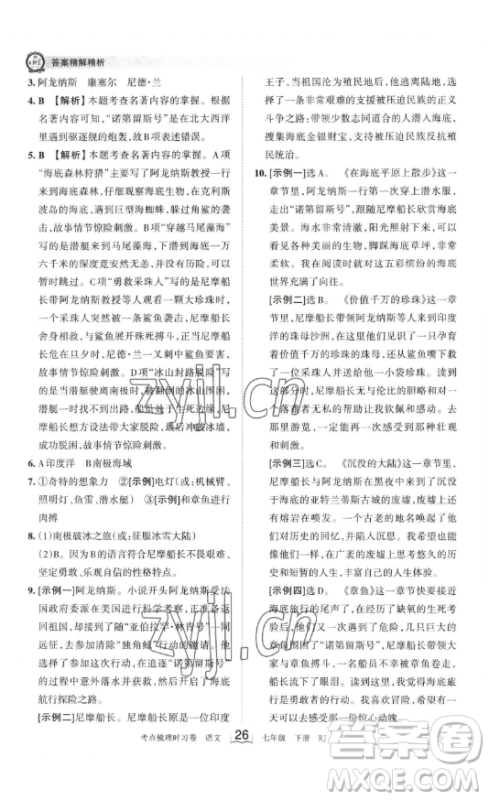 江西人民出版社2023王朝霞考点梳理时习卷七年级下册语文人教版答案