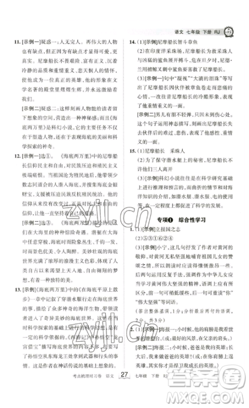 江西人民出版社2023王朝霞考点梳理时习卷七年级下册语文人教版答案