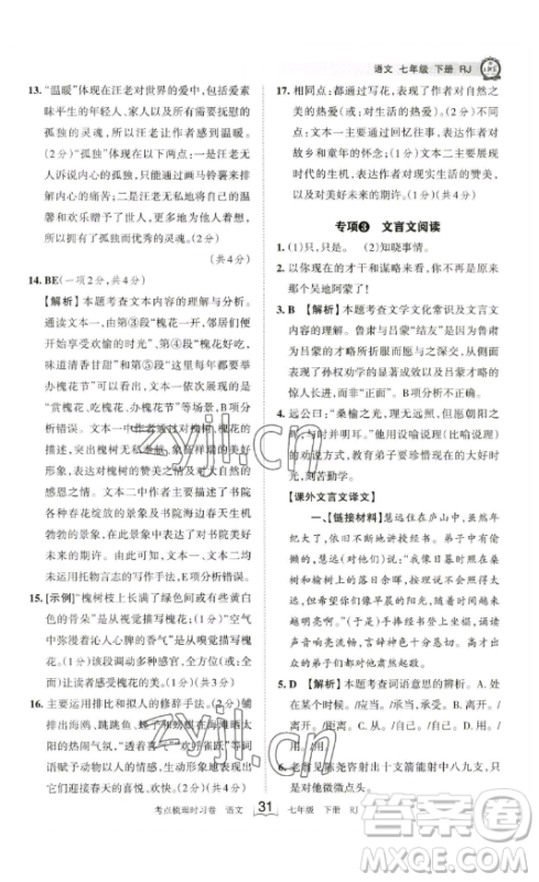 江西人民出版社2023王朝霞考点梳理时习卷七年级下册语文人教版答案