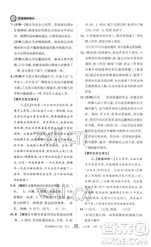 江西人民出版社2023王朝霞考点梳理时习卷七年级下册语文人教版答案