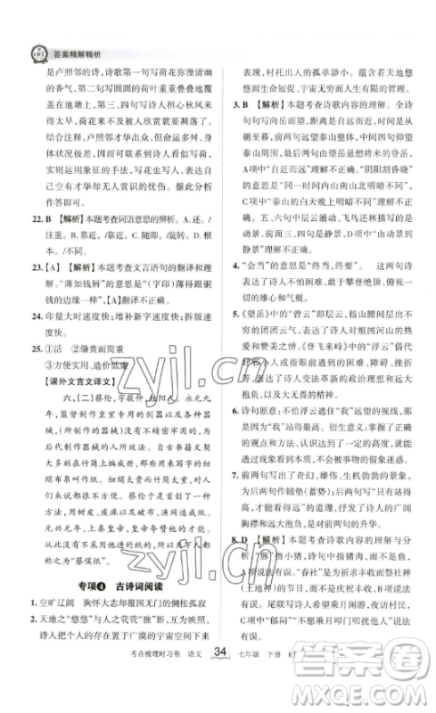 江西人民出版社2023王朝霞考点梳理时习卷七年级下册语文人教版答案