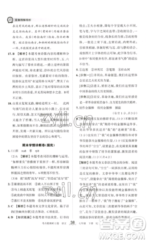 江西人民出版社2023王朝霞考点梳理时习卷七年级下册语文人教版答案