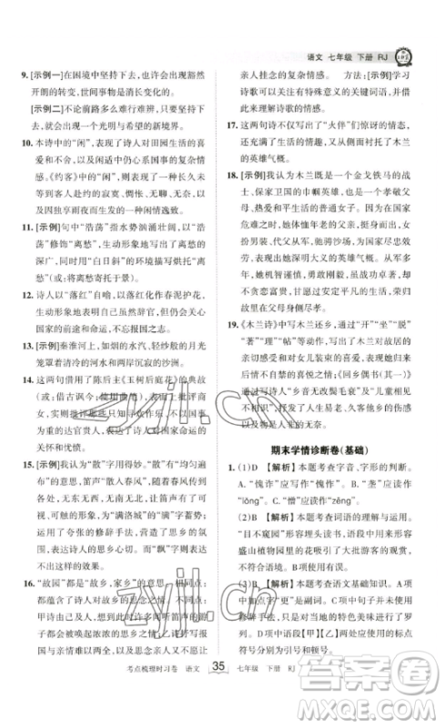 江西人民出版社2023王朝霞考点梳理时习卷七年级下册语文人教版答案