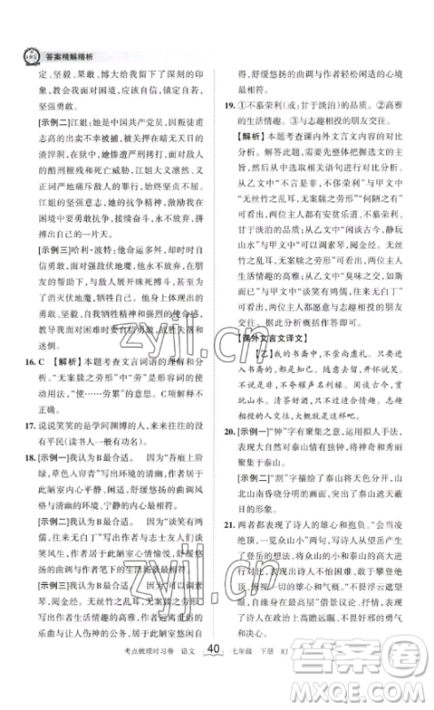 江西人民出版社2023王朝霞考点梳理时习卷七年级下册语文人教版答案