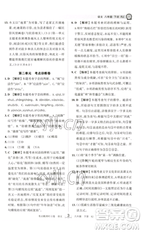 江西人民出版社2023王朝霞考点梳理时习卷八年级下册语文人教版答案