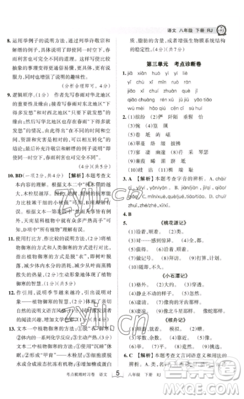 江西人民出版社2023王朝霞考点梳理时习卷八年级下册语文人教版答案
