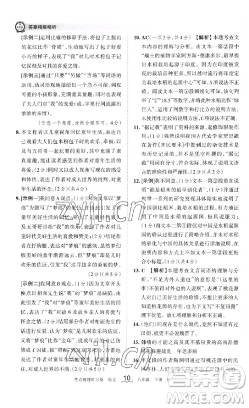 江西人民出版社2023王朝霞考点梳理时习卷八年级下册语文人教版答案
